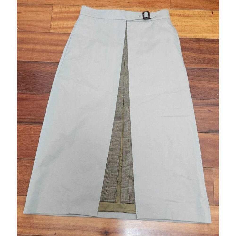 EFTYCHIA Ventile Beige Midi Skirt Straight Plaid Insert Belted UK 10 - Picture 2 of 13